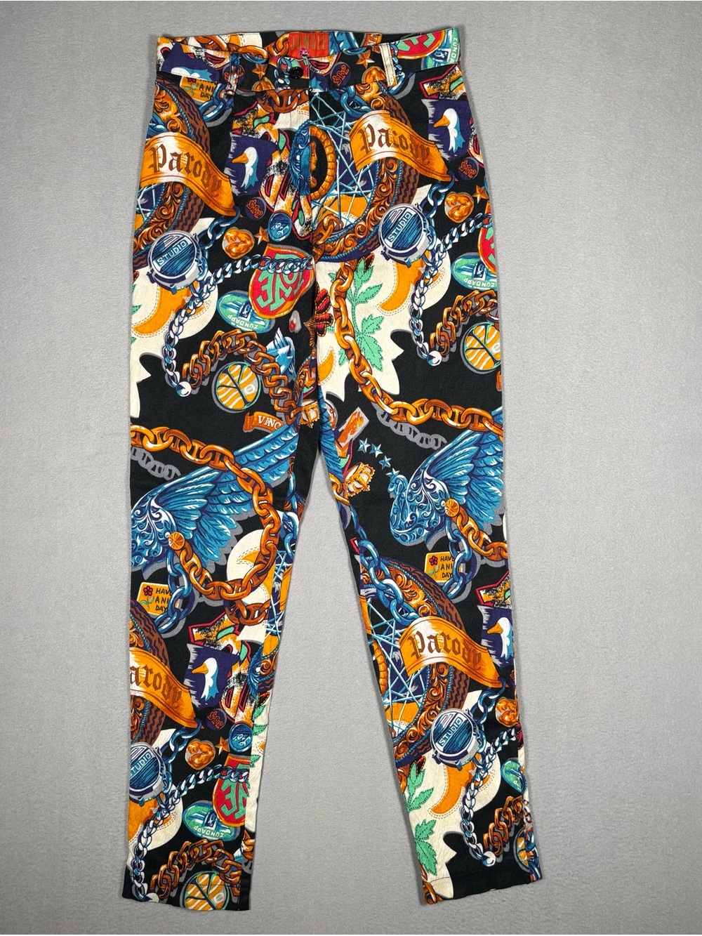 Vintage 80s Kenzo Jungle Pants Women’s 42 Black Parody Chain Link Motif Casino